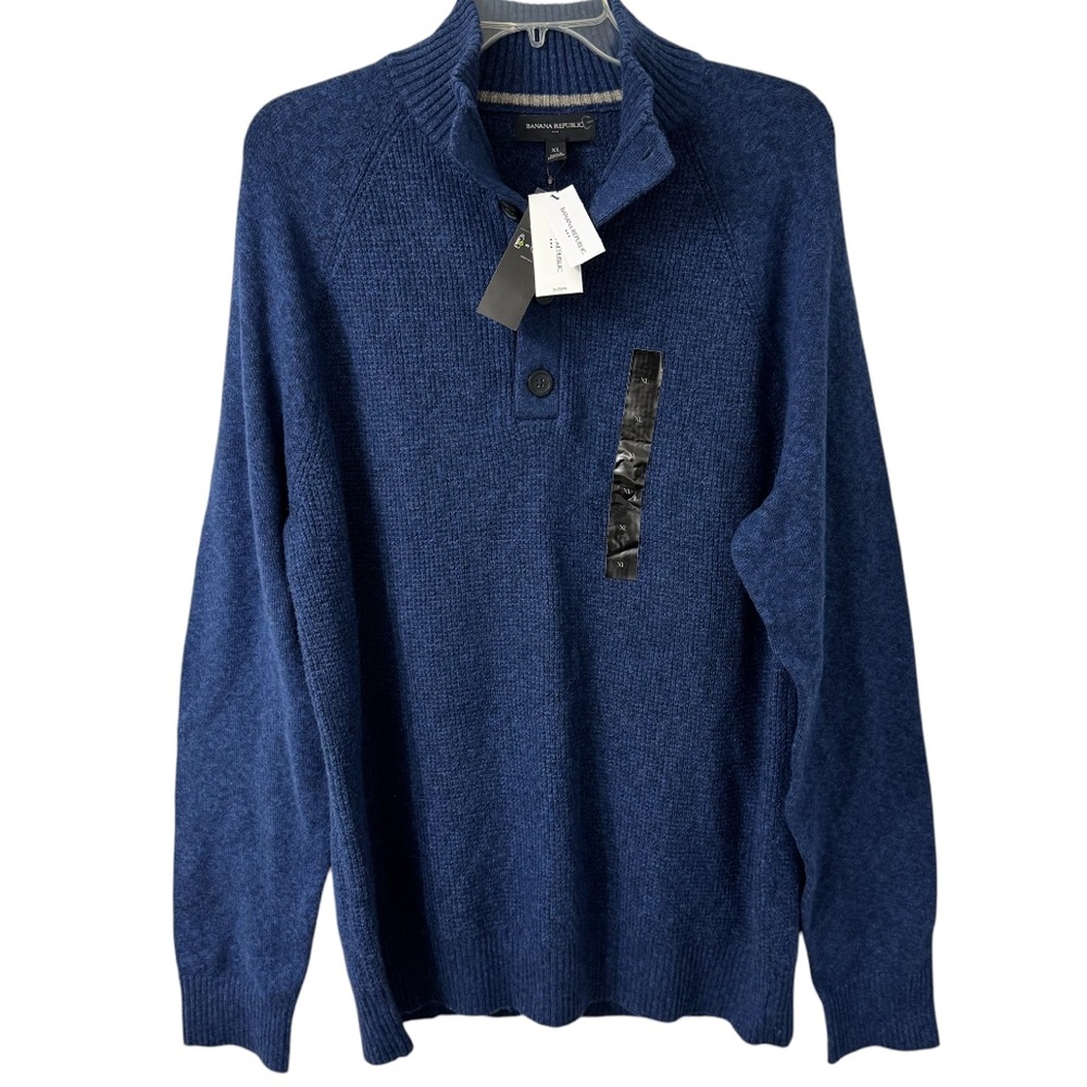 Banana Republic Mens Quarter Button Blue Wool Sweater XL